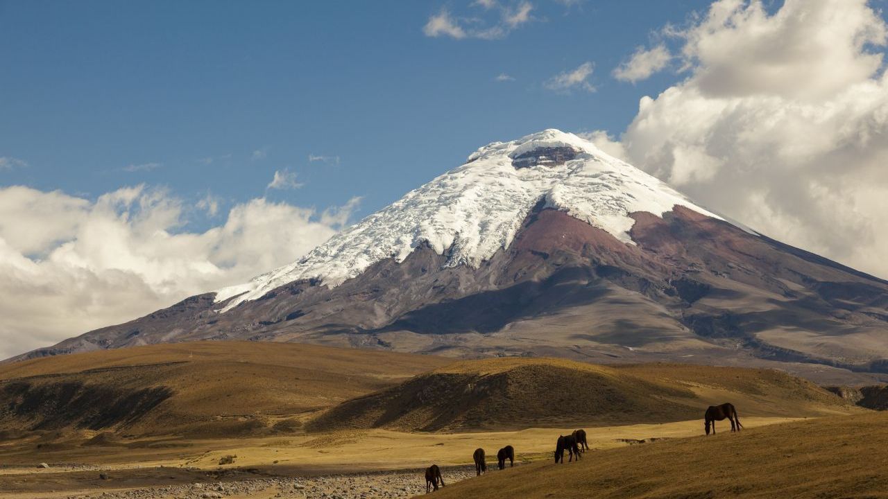 Innen heiß, außen Eis: Der über 5.800 Meter hohe Cotopaxi erhebt sich ganz in der Nähe von Ecuadors Hauptstadt Quito aus der Landschaft.