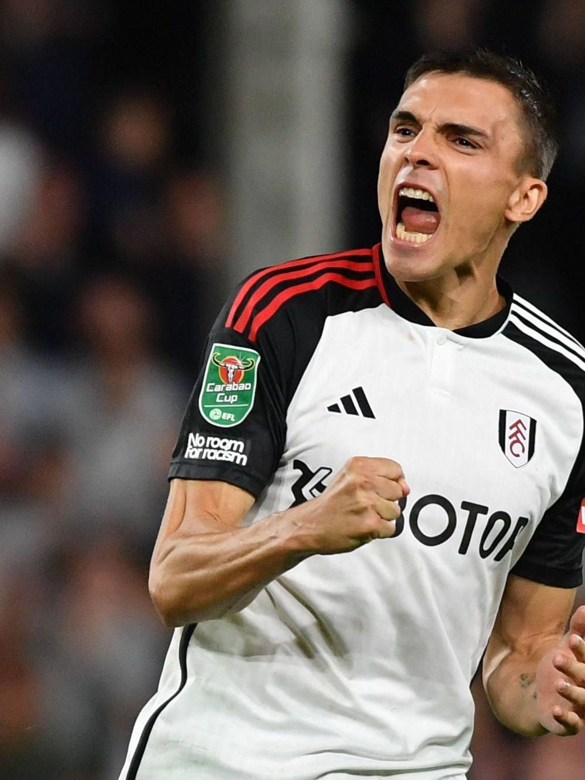 Football - 2023 2024 EFL Carabao League Cup - Round Two - Fulham vs Tottenham Hotspur - Craven Cottage - Tuesday 29th August 2023. Fulham s Joao Palhinha celebrates his penalty in the shoot out. CO...