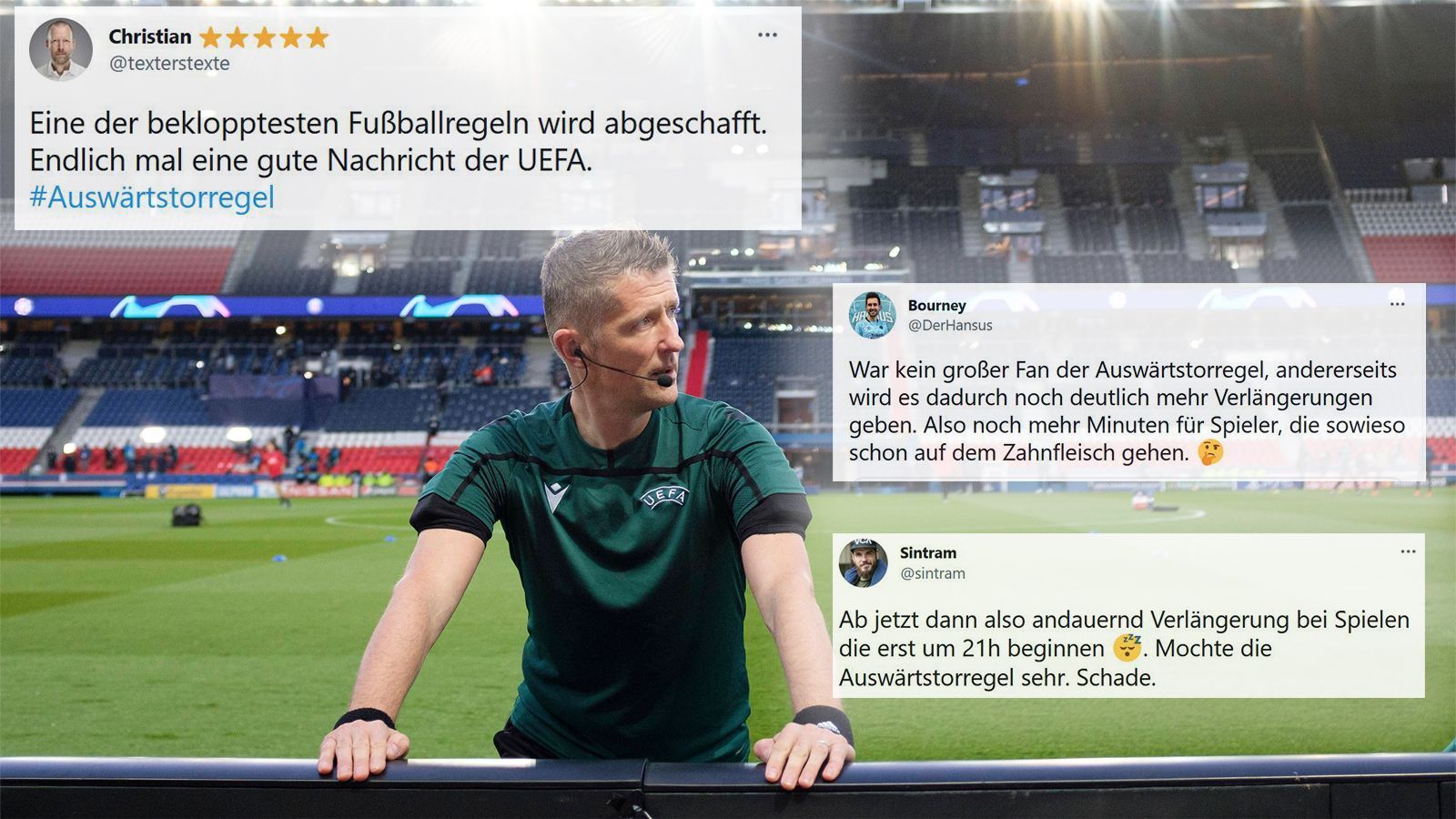 
                <strong>Von "überfällig" bis "überflüssig" - So urteilt das Netz über die Abschaffung der Auswärtstorregel</strong><br>
                Die UEFA hebt die Auswärtstorregel schon zur kommenden Saison auf. Für manche Leute längst überfällig. Andere befürchten höhere Strapazen für die Spieler sowie eine Flut von Elferschießen. ran zeigt die Reaktionen aus dem Netz.
              