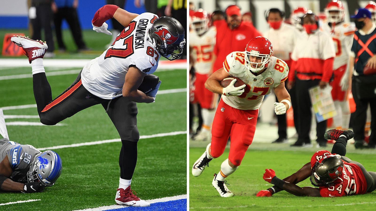 
                <strong>Leistung in der Regular Season: Gronk ist angekommen, Kelce übermenschlich</strong><br>
                Nach seiner Rückkehr in die NFL und der Ankunft beim neuen Team in Tampa brauchte Gronkowski logischerweise eine kleine Anlaufzeit. Seinen ersten gefangenen Touchdown bejubelte er erst in Woche sechs, da war Kelce schon längst on fire. Aber wie gesagt: Gronkowski blockt in dieser Saison, was das Zeug hält und trägt damit auch fernab jeglicher Catch-Statistiken zum Erfolg der Buccaneers bei. Insgesamt fing "Gronk" 45 Pässe für 623 Yards und sieben Touchdowns. Dagegen schauen Kelces Zahlen natürlich außerirdisch aus. Auch wenn "Gronks" Arbeit abseits des Balles immer noch eminent wichtig ist, hat Kelce in dieser Saison den größeren Einfluss auf den Erfolg seiner Mannschaft.
              