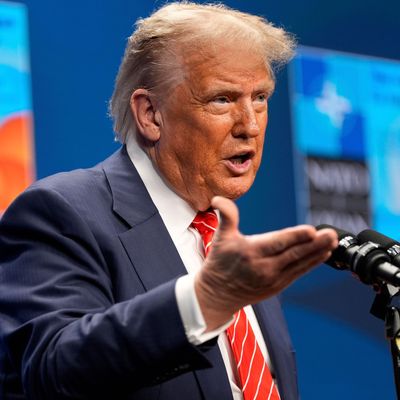 25. Juni 2025, Niederlande, Den Haag: US-Präsident Donald Trump während einer Pressekonferenz zum Abschluss des NATO-Gipfels in Den Haag