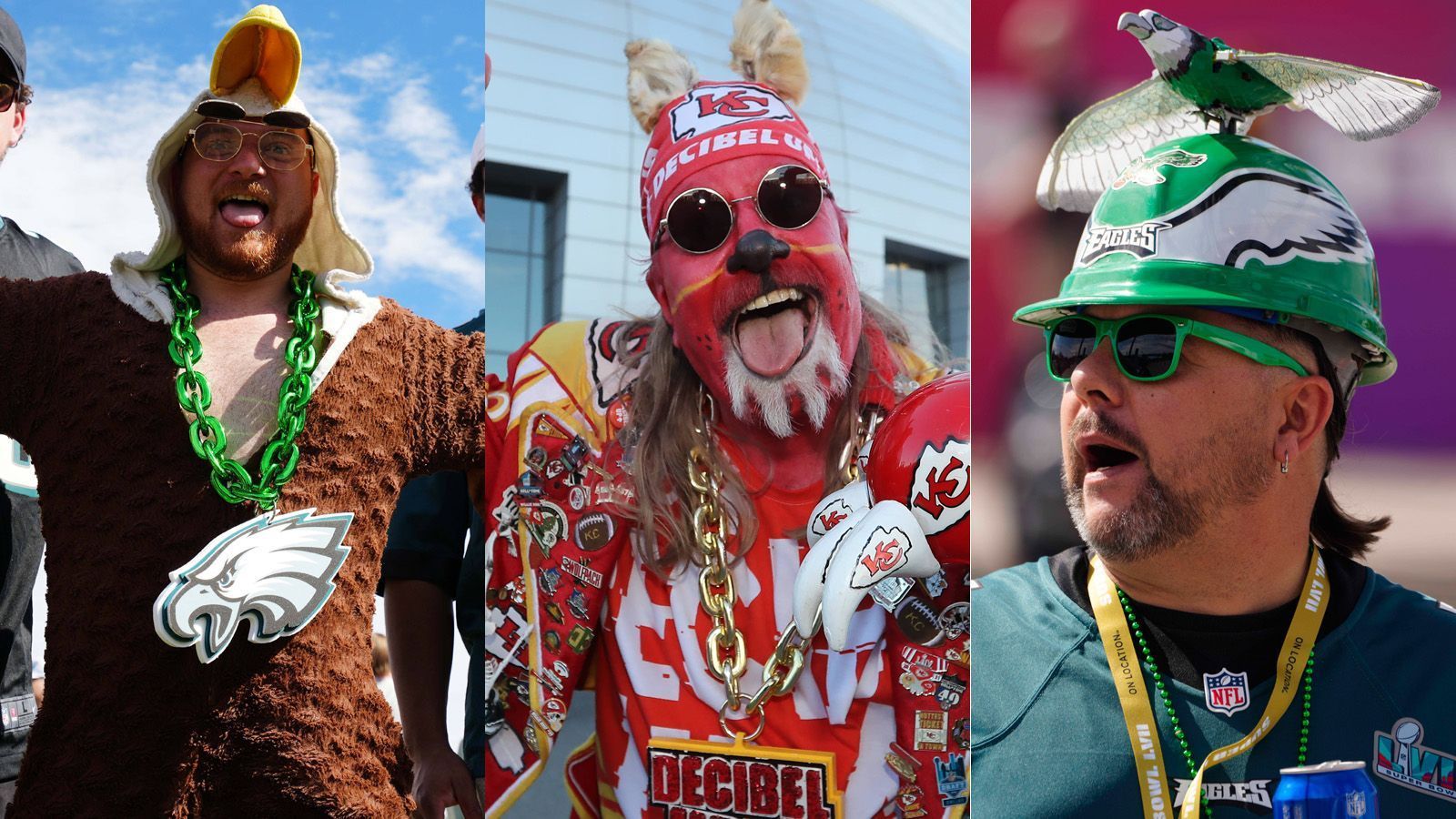 
                <strong>Super Bowl 2023: Die verrückten Fans der Philadelphia Eagles und Kansas City Chiefs </strong><br>
                Der Super Bowl zwischen den Philadelphia Eagles und den Kansas City Chiefs (live auf ProSieben und ran.de) ist auch der Tag der Fans der beiden Teams. Sie haben sich teilweise in Schale geworfen - und betören durch verrückte Outfits und ganz viel Leidenschaft für ihr Team und das Spiel. ran mit einem Überblick.
              
