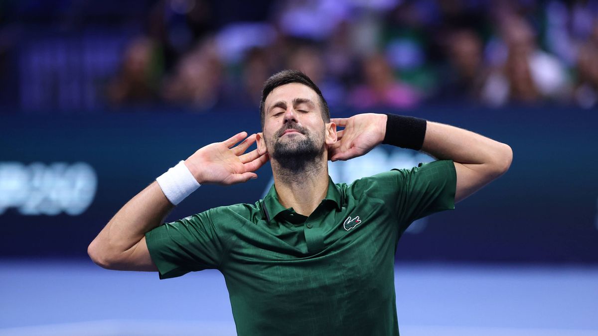 Novak Djokovic vs Yannick Hanfmann - ATP, Tennis Herren 250 tournament ATHENS, GREECE - NOVEMBER 8: Novak Djokovic of Serbia gestures as he celebrates his victory against Lorenzo Musetti (not seen)...