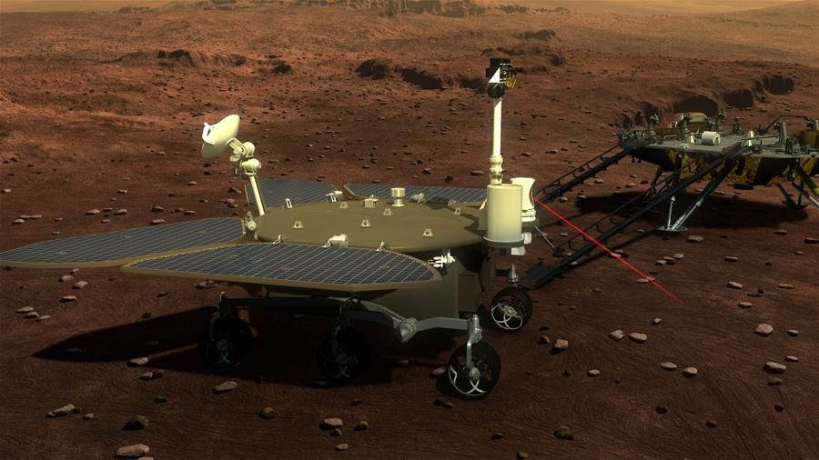 Illustration des Mars-Rovers "Zhurong", nachdem er die Landefähre über eine Rampe verlassen hat. Ein Laser misst die Zusammensetzung der Bodenminerale.