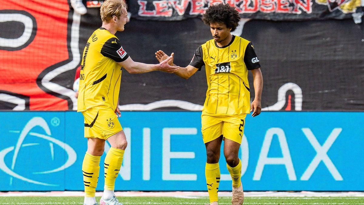 11.05.2025, Bayer 04 Leverkusen vs. Borussia Dortmund, 1. Bundesliga, 33. Spieltag Tor zum 1:1 durch Julian Brandt (Borussia Dortmund, 10) Karim Adeyemi (Borussia Dortmund, 27) Wichtiger Hinweis: G...