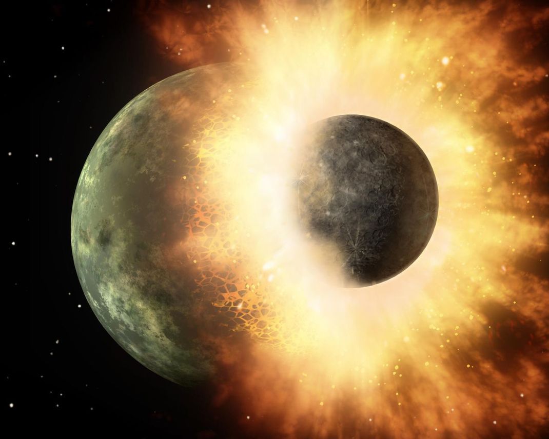 Der Mond entstand, als ein großer Asteroid die Erde traf und ein riesiges Stück aus ihr herausschlug. Daher ist die Zusammensetzung von Mond und Erde sehr ähnlich.