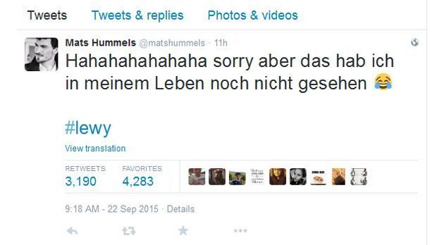 
                <strong>Mats Hummels</strong><br>
                Mats Hummels spielte mit Robert Lewandowski in Dortmund zusammen. Am Dienstagabend hatte er ganz offensichtlich Spaß an der Leistung des früheren Mitspielers.
              