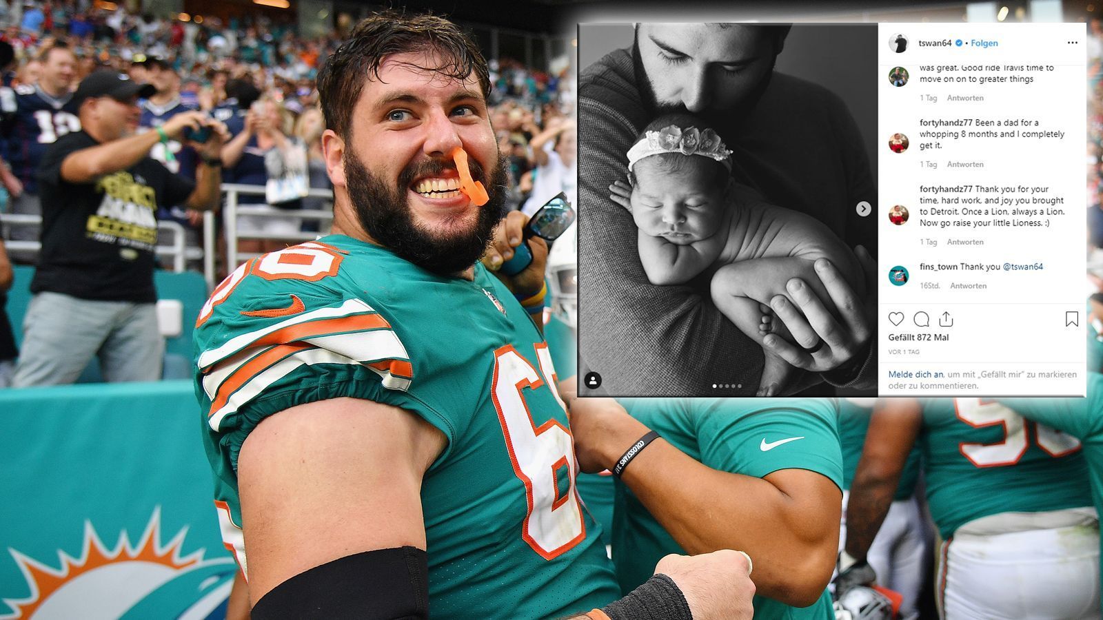 
                <strong>Travis Swanson (Rücktritt mit 28 Jahren)</strong><br>
                Travis Swanson beendet nach nur fünf Jahren in der NFL seine Karriere. Dies gab der 28-Jährige via Instagram bekannt. Der Center postet ein Bild von sich mit seiner Tochter Kendyl auf dem Arm, die neben seiner Frau einer der Hauptgründe für seine Abkehr von der NFL gewesen sei. Durch den Familienzuwachs hätten sich die Vorzeichen entscheidend geändert und American Football als Priorität Nummer eins abgelöst. Swanson bedankte sich in einem ausführlichen Statement bei seinen ehemaligen Mitspielern und Trainern. 2014 wurde er in der dritten Runde von den Detroit Lions gedrafted und startete in vier Jahren in Detroit in 53 von 65 Spielen. Im September 2018 wurde er entlassen und verbrachte die vergangene Saison bei den Miami Dolphins, wo er weitere 12 Spiele absolvierte.
              