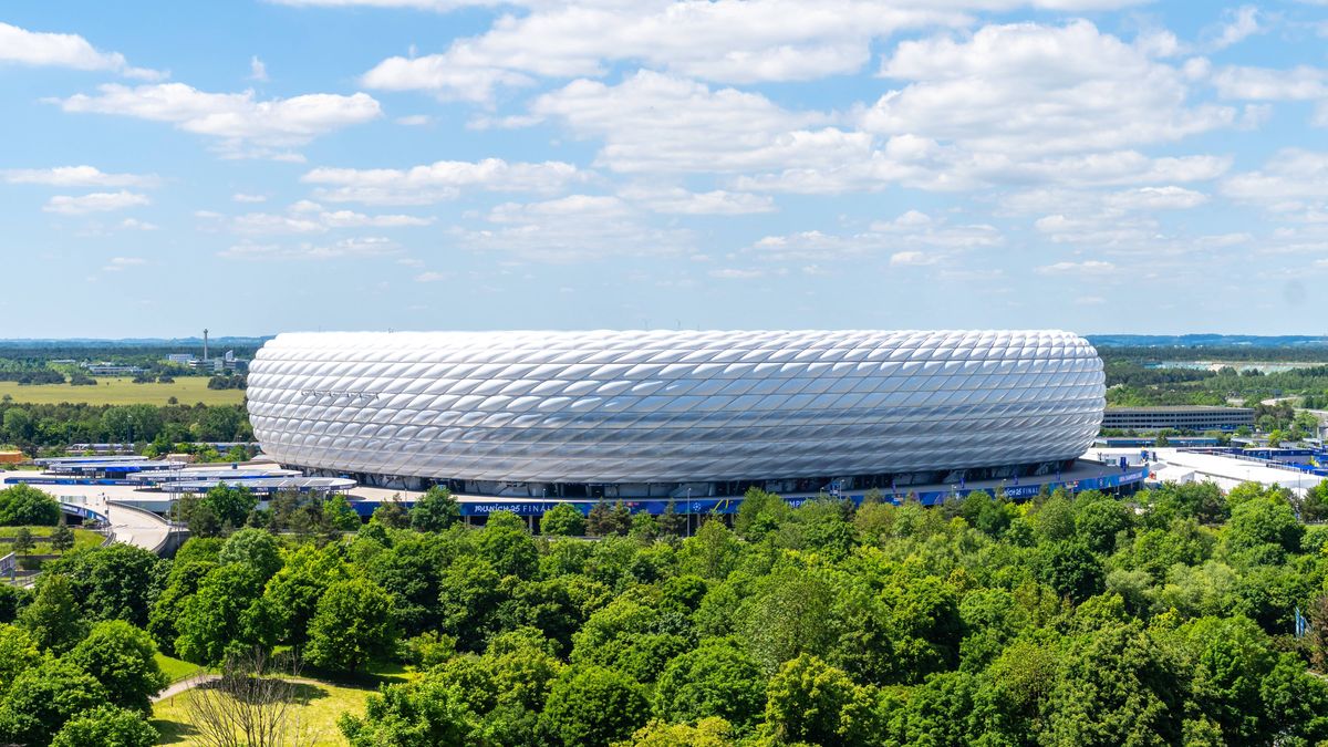 Munich, Bavaria, Germany - May 30, 2025: Exterior shot of the temporarily renamed Allianz Arena (Munich Football Arena) without lettering. Impressions of the Munich Football Arena one day before th...