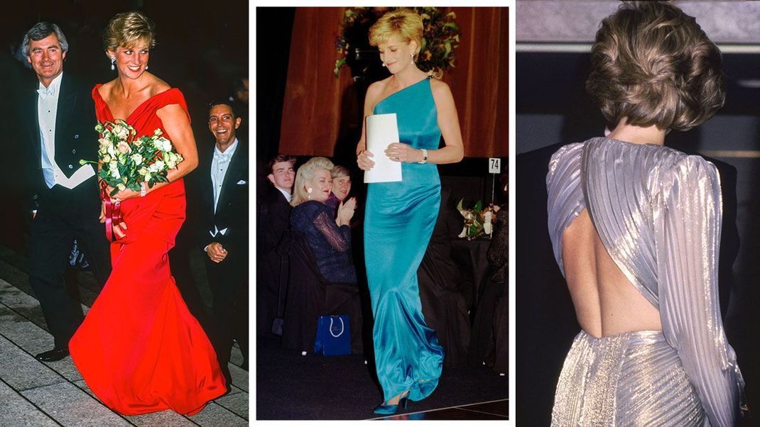 Egal ob schulterfrei oder rückenfrei - unsere royale Stilikone Lady Di trug alle Kleiderschnitte selbstbewusst.