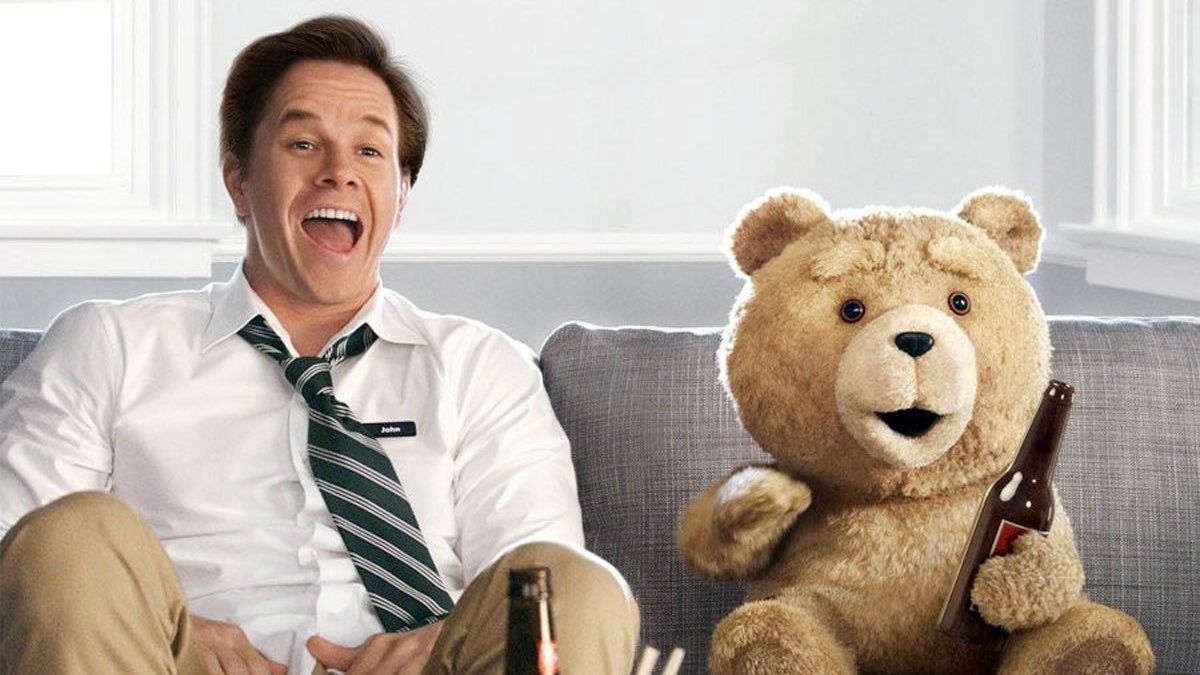 Filmposter des Erfolgsfilms "Ted" (2012) mit Mark Wahlberg und dem berühmt-berüchtigten Teddy Ted.