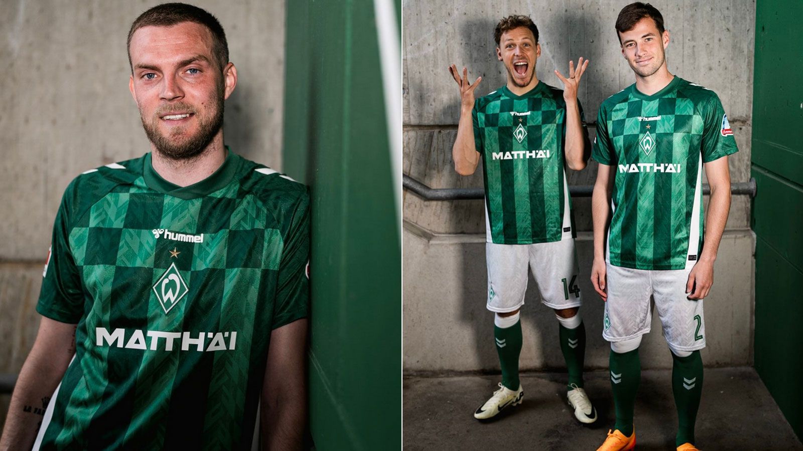 <strong>Werder Bremen</strong><br>Das neue Trikot von Werder Bremen soll den engen Zusammenhalt zwischen Stadt und Verein unterstreichen. Es ist im Muster der Bremer Speckflagge gehalten, im Brustbereich mit Quadraten, darunter mit Längsstreifen. Im Original sind diese Rot und Weiß, auf dem Trikot in verschiedenen Grüntönen gehalten.