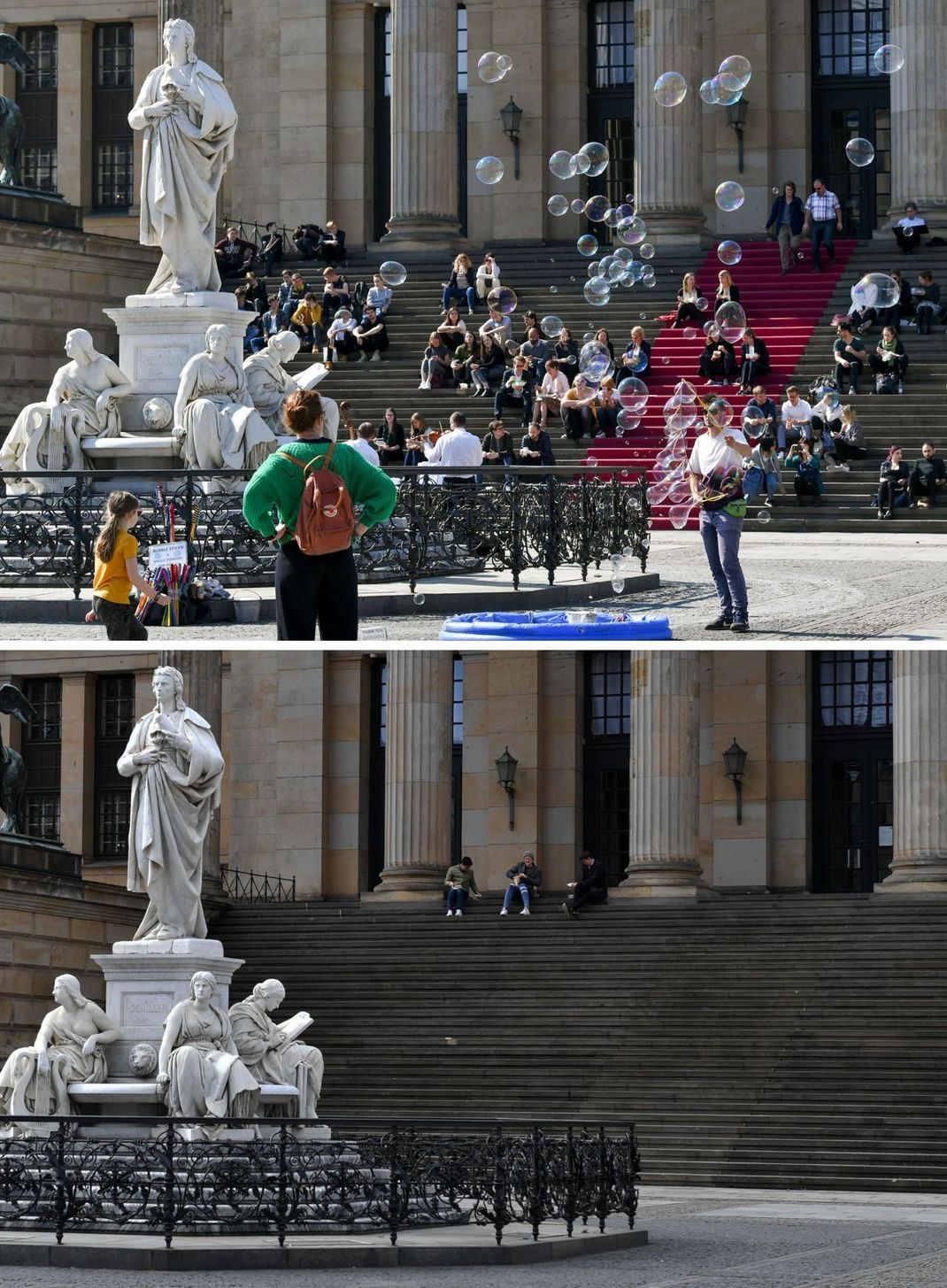 Rund um das Schiller-Denkmal war vor einem Jahr viel los. Heute sitzt auf den Stufen zum Konzerthaus kaum jemand.