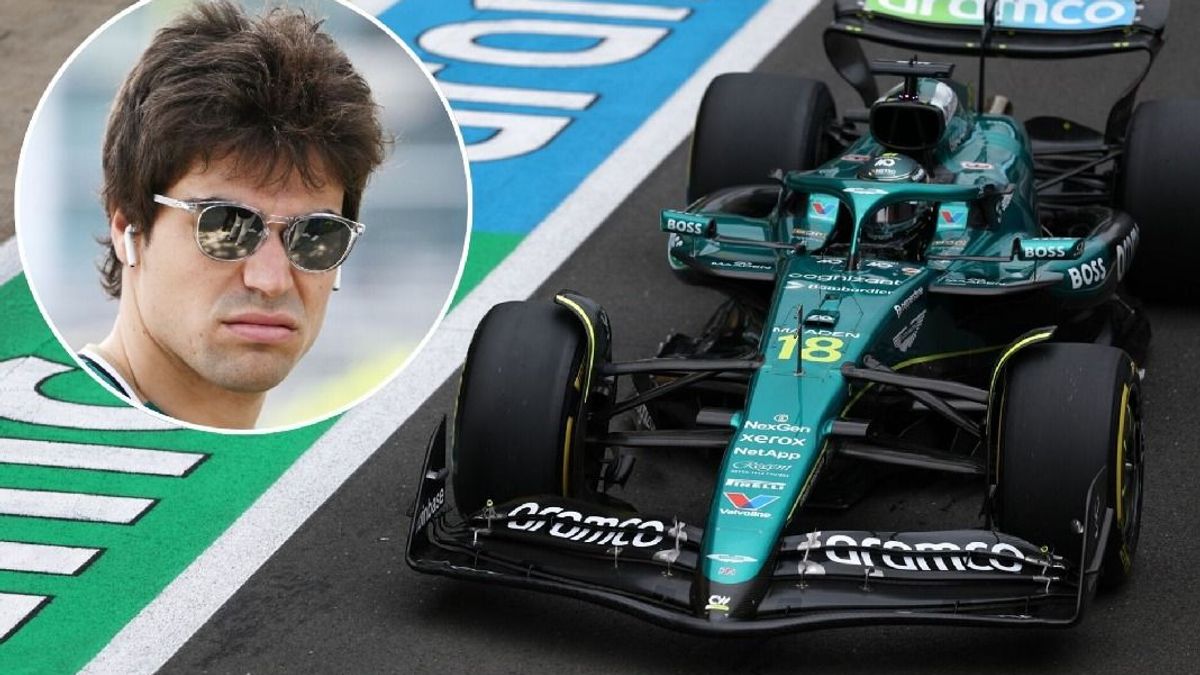 Fotomontage: Porträt von Formel-1-Fahrer Lance Stroll mit dem Aston Martin AMR25