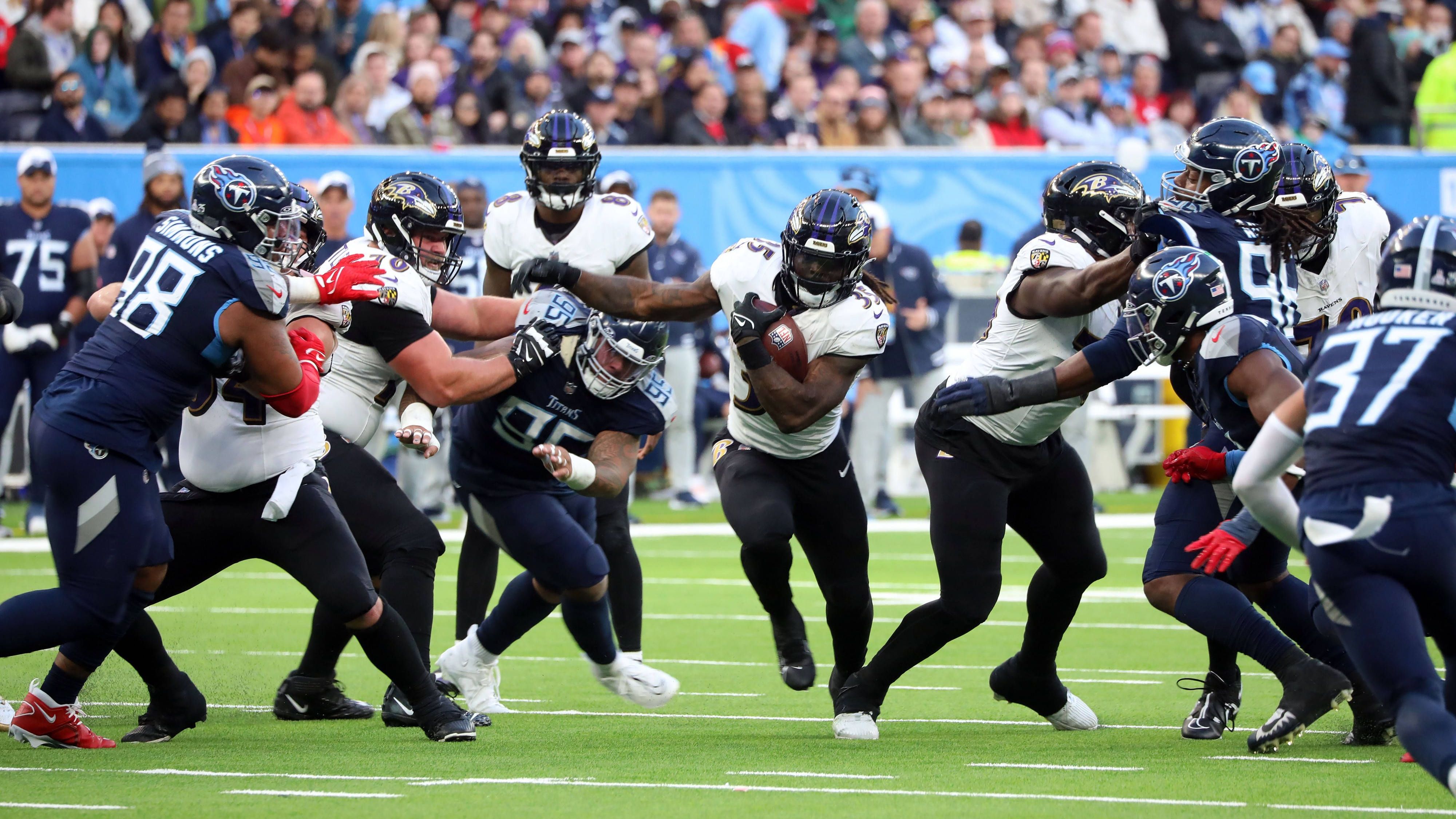 <strong>2023 in London: Baltimore Ravens vs. Tennessee Titans</strong><br>Zum Abschluss des London-Triples gaben sich die Baltimore Ravens und die Tennessee Titans die Ehre. Das Team von Head Coach John Harbaugh gewann das letzte Spiel im Tottenham Hotspur Stadium in dieser Saison mit 24:16 gegen die Titans.