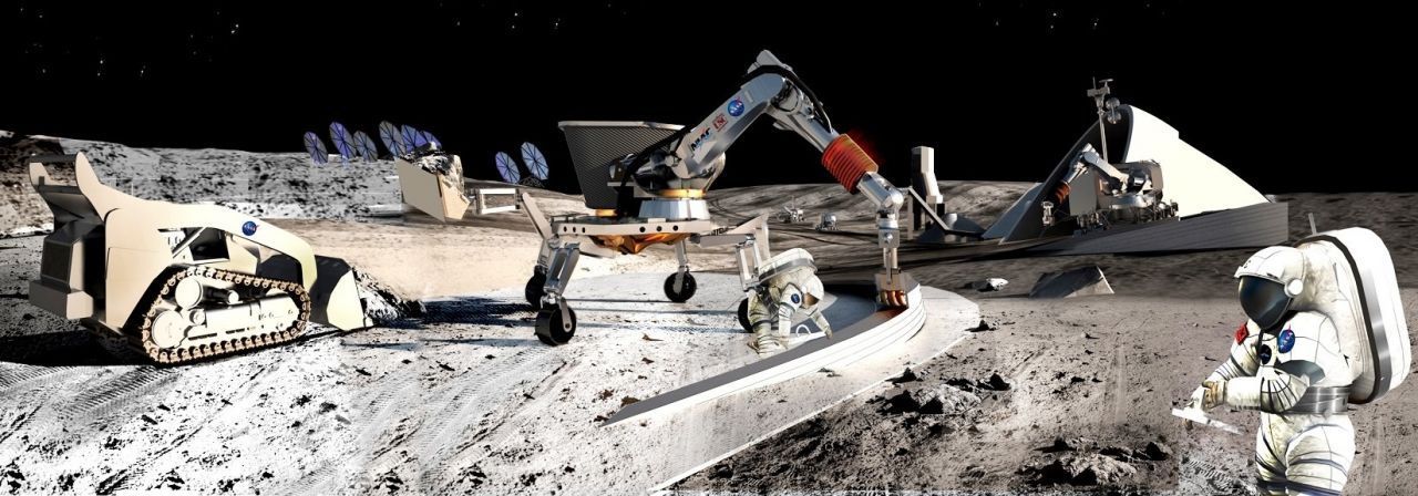 Mit Mondgestein und zugesetzten Bindemitteln lassen sich auch Unterkünfte, Straßen und Plattformen konstruieren. NASA und ESA arbeiten bereits an 3D-Druckverfahren.