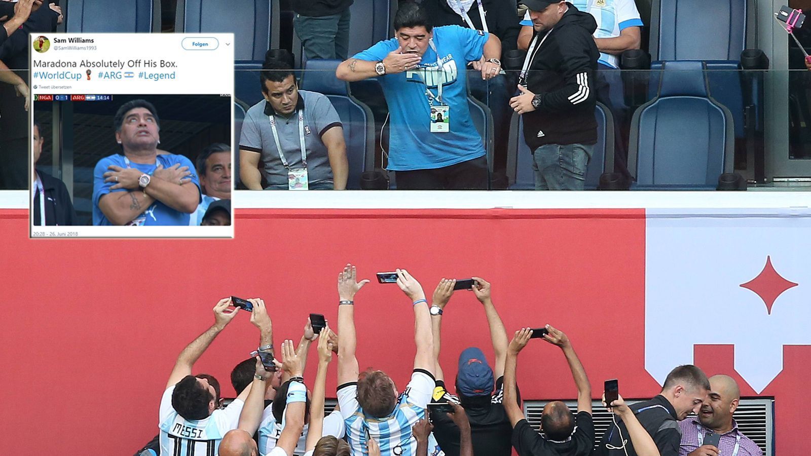 
                <strong>Maradona geht auf der Tribüne steil</strong><br>
                Diego in anderen Sphären. Bei der Hymne ist Maradona nicht ansprechbar. Diese Augen!
              