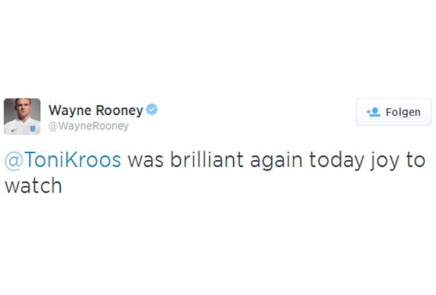 
                <strong>Auch Rooney gratuliert</strong><br>
                Für den Ex-WM-Teilnehmer Rooney war es eine große Freude Toni Kroos beim Spiel zuzusehen. 
              