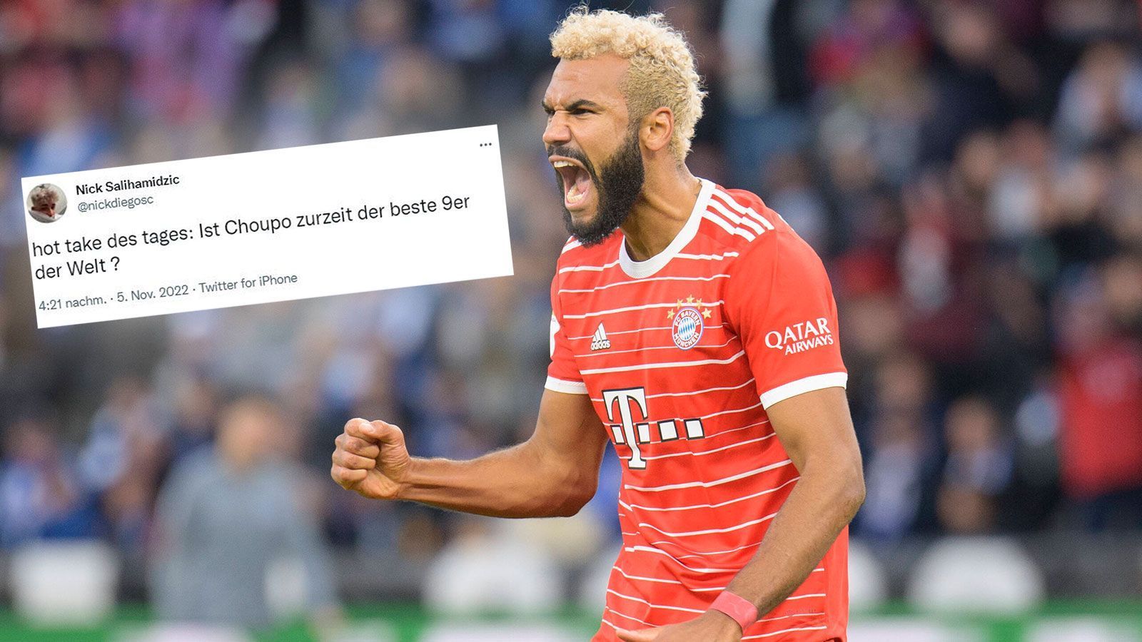 
                <strong>Nick Salihamidzic: Choupo-Moting der beste Neuner der Welt?</strong><br>
                Eric Maxim Choupo-Moting trifft für den FC Bayern München derzeit nach Belieben. Mit zehn Treffern in 14 Pflichtspielen macht er den Abgang von Robert Lewandowski zum FC Barcelona vergessen, auch beim jüngsten 3:2-Erfolg über Hertha BSC netzte der Angreifer doppelt. "Hot Take des Tages: Ist Choupo zurzeit der beste 9er der Welt?", fragte daraufhin Nick Salihamidzic, Sohn von Bayer-Sportvorstand Hasan Salihamidzic, seine "Twitter"-Community. Die Meinungen dazu sind geteilt, Fakt ist aber: Viele Angreifer können mit der Quote des FCB-Torjägers aktuell nicht mithalten.
              