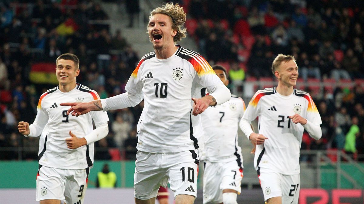 October 11, 2024, Regensburg, Bayern, Germany: Nick Woltemade of Germany celebrates after scoting against Bulgaria during their Soccer 2025 Under-21 EURO Qualifying, EM, Europameisterschaft groups ...