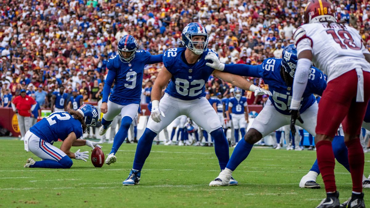 New York Giants Graham Gano (9) kicks a field goal during the second quarter of a game against the Washington Commanders at Northwest Stadium in Landover, Maryland on Sunday, September 7, 2025. PUB...