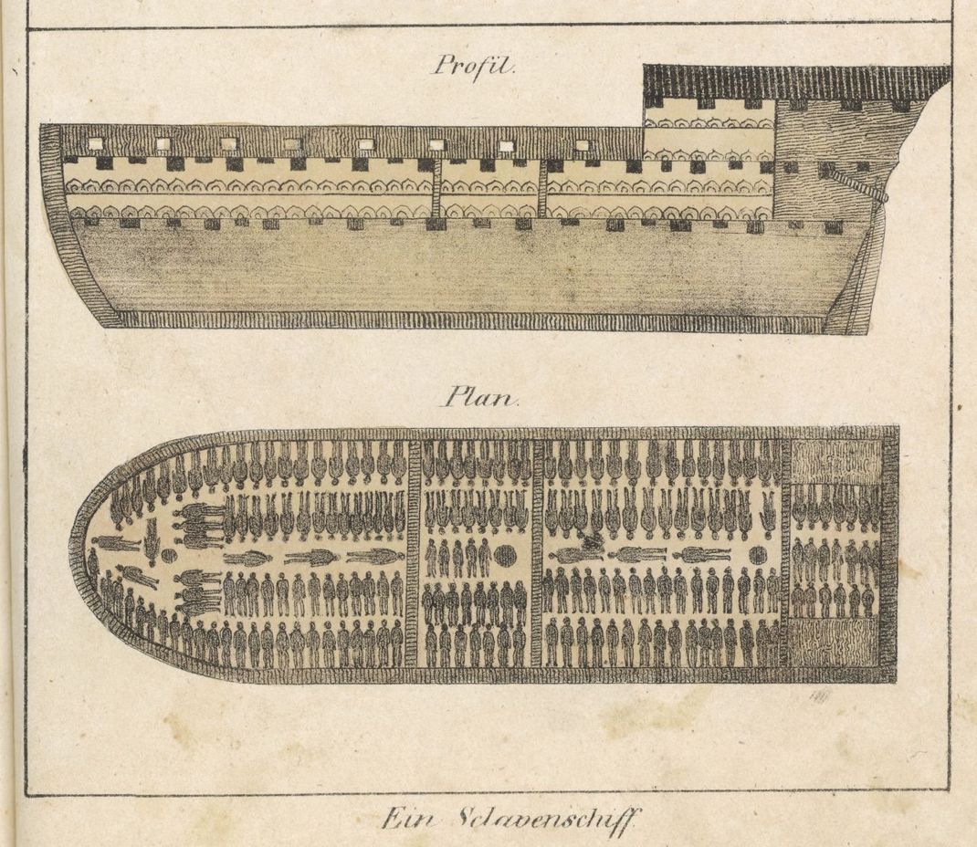 Eine Zeichnung eines Schiffes, das versklavte Menschen nach Amerika brachte.