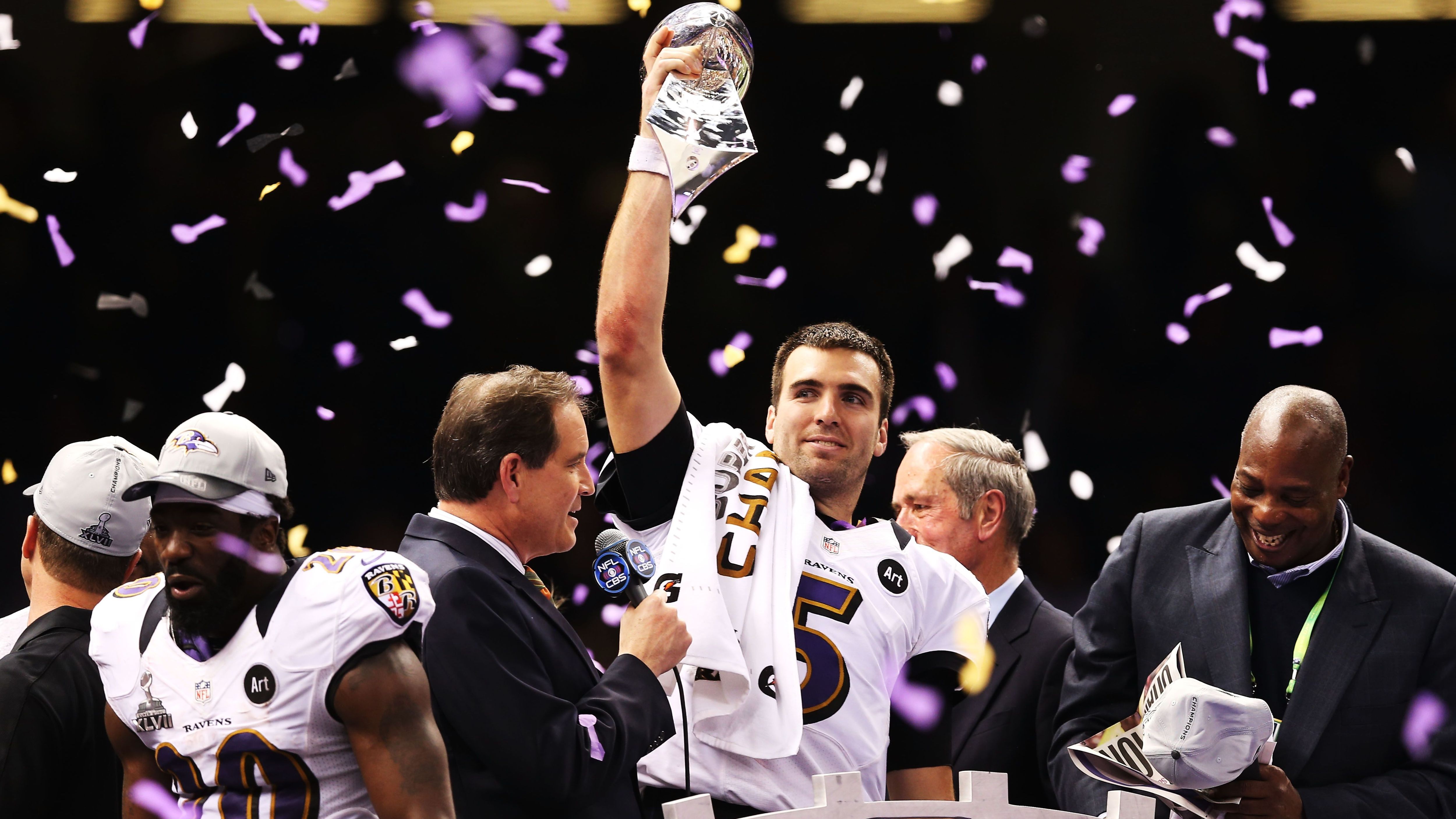 <strong>Super-Bowl-Sieger: Baltimore Ravens</strong><br>Im Februar 2013 gewinnen die Baltimore Ravens zum zweiten Mal den Super Bowl. Das Team um Quarterback Joe Flacco kann sich mit 34:31 gegen die San Francisco 49ers durchsetzen, Flacco wird zum Super-Bowl-MVP gewählt. Zum ersten Mal in der Geschichte treffen zwei Brüder als Head Coaches im Super Bowl aufeinander: John Harbaugh gewinnt das Familienduell gegen Jim.