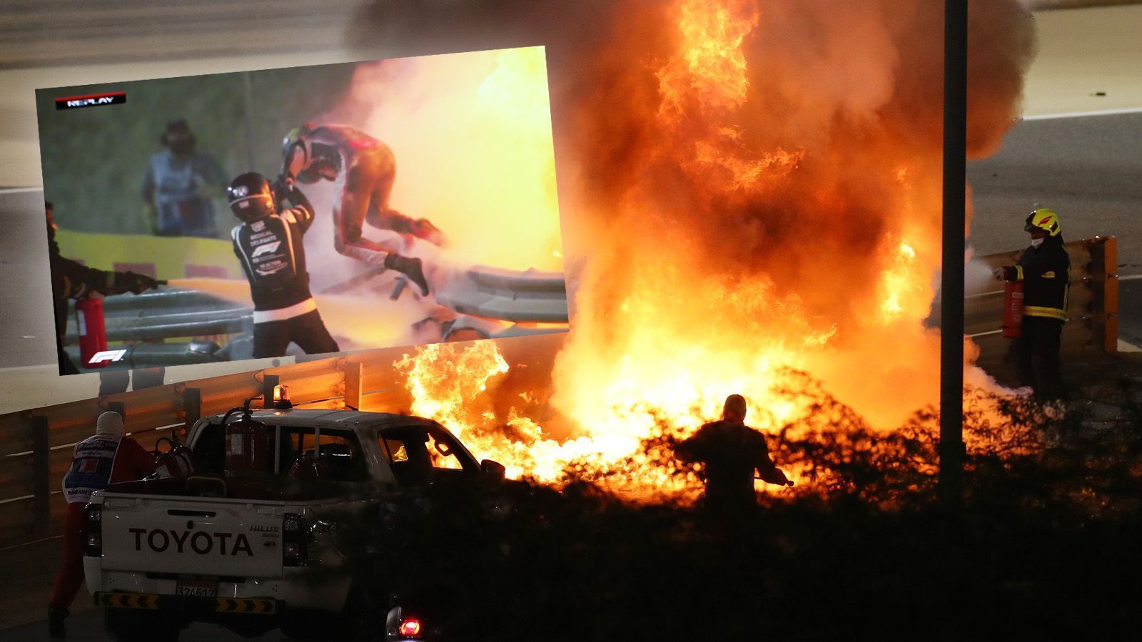 
                <strong>Horror-Unfall in der Formel 1</strong><br>
                Horror-Unfall von Romain Grosjean beim Großen Preis von Bahrain. Der Haas-Pilot kracht kurz nach dem Start direkt in eine Leitplanke, sein Auto geht in Flammen auf. Die Bilder des Unglücks.
              