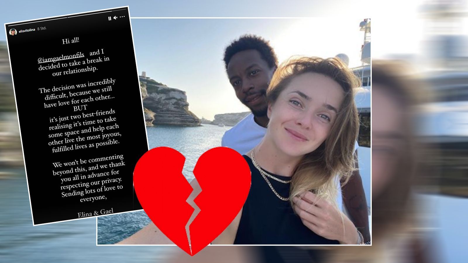 
                <strong>Elina Svitolina und Gael Monfils haben sich getrennt</strong><br>
                Die beiden Tennis-Stars Elina Svitolina (re.) und Gael Monfils galten über mehrere Jahre als Traumpaar der Sportwelt. Nun gaben die beiden ihre Trennung bekannt.
              