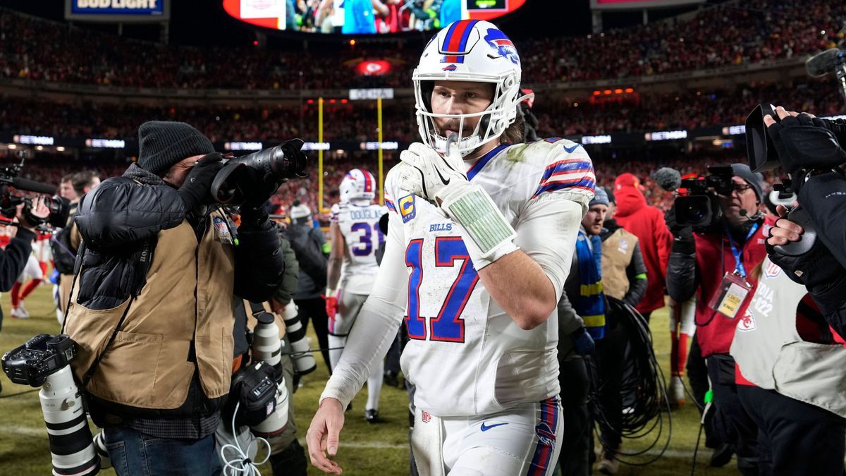 Buffalo Bills quarterback Josh Allen leaves the field after the Bills were defeated 32-29 by the Kansas City Chiefs in the AFC Championship Game at Arrowhead Stadium in Kansas City, Missouri, on Su...