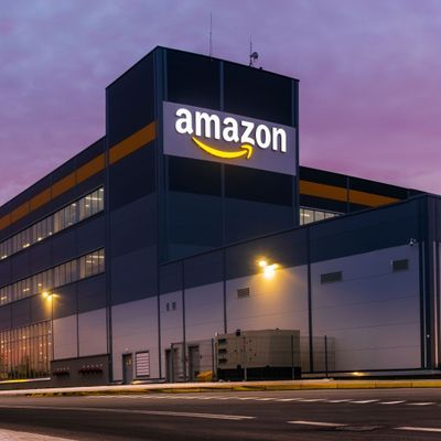 Szczecin, Poland-November 2018: Amazon Logistics Center in Szczecin, Poland in the light of the rising sun,panorama