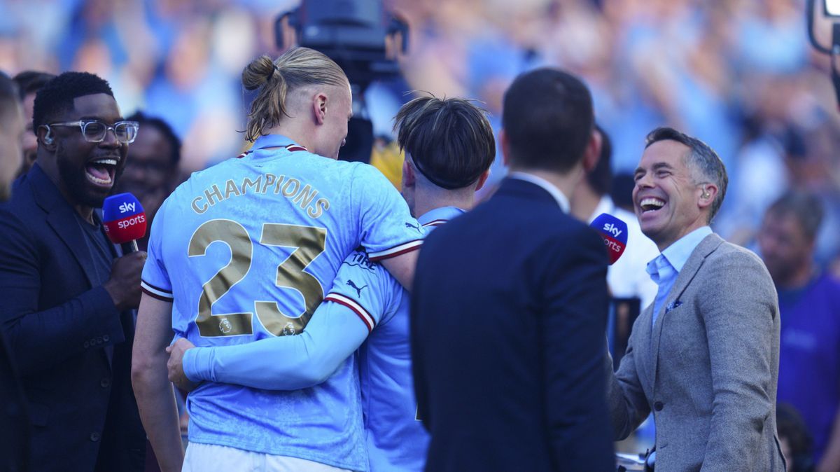 Mandatory Credit: Photo by Javier Garcia Shutterstock (13920111eb) Erling Haaland of Manchester City and Jack Grealish are interviewed by Sky Sports at the end of the match Manchester City v Chelse...