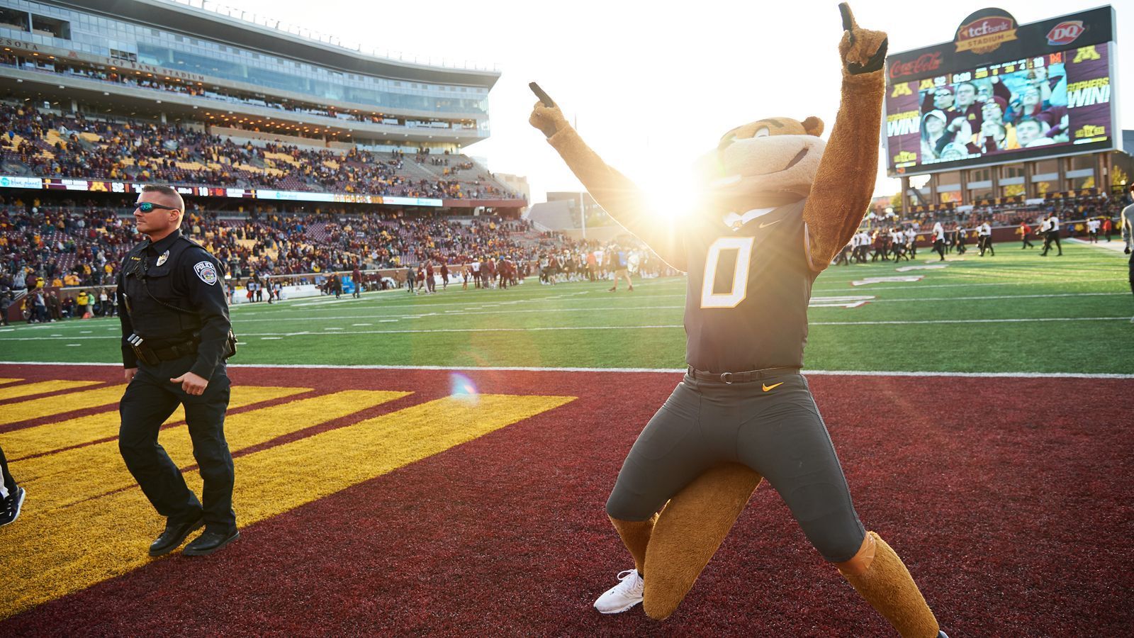 
                <strong>Minnesota - Der Name</strong><br>
                Die Golden GophersDas Universitäts-Maskottchen leitet sich ab vom Nicknamen des Staates Minnesota - dem "Gopher State". Gophers sind zu deutsch Streifenhörnchen. 1858 zeichnete der Karikaturist R. O. Sweeny einen Cartoon, der Staatspolitiker als Gophers zeigte.1888 erschien an der Universität das erste Jahrbuch mit dem namen "The Gopher". Das "Golden" haben sie dem Radio-Kommentar von Halsey Hall zu verdanken. Dieser sprach in einem Spiel von den Golden Gophers.Offiziell geändert wurde der Name unter Head Coach Bernie Biermann. In einem "goldenen" Jahrzent gewannen die Minnesota Golden Gophers unter diesem Namen sieben Big Ten-Titel sowie fünf National Championships - insgesamt verlor man in zehn Jahren nur zwölf Spiele.
              