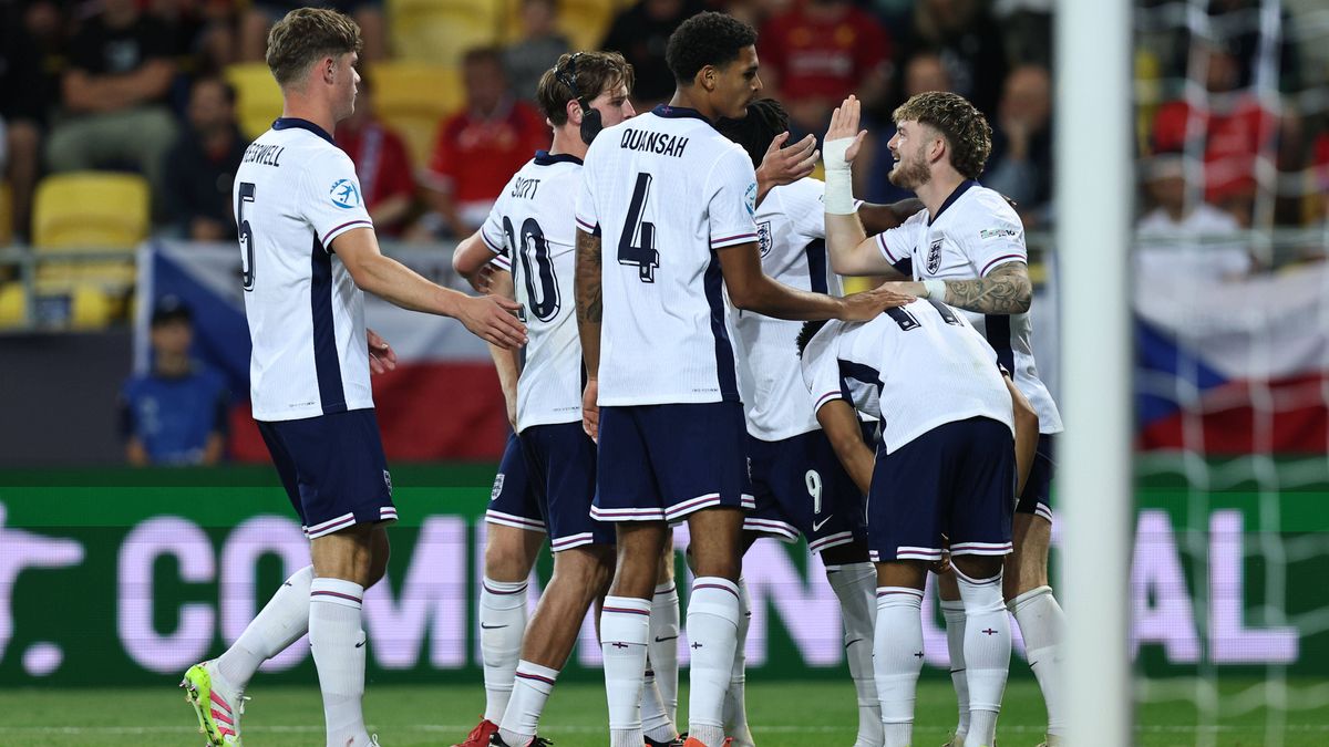 Jonathan Rowe (England U21, U 21 celebrates after scoring his teams second goal during the UEFA Under 21 Slovakia 2025 match between Czech Republic U21 1-3 England U21 at Dac Stadium on June 12, 20...