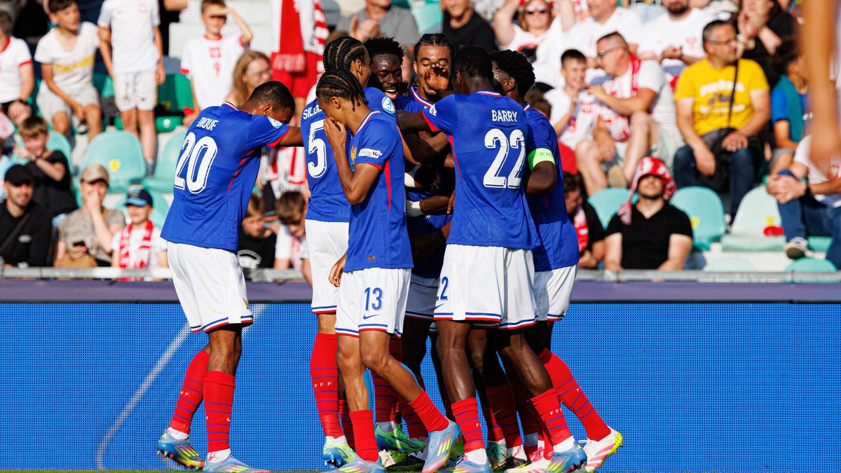 Players of France seen celebrating after goal from Djaoui Cisse during UEFA EURO, EM, Europameisterschaft,Fussball U-21 2025 game between national teams of France and Poland (Maciej Rogowski) Zilin...