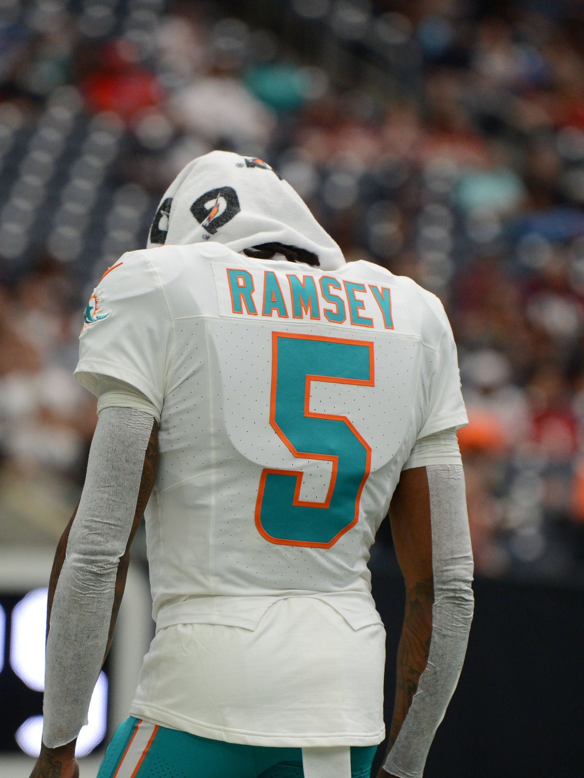 HOUSTON, TX - DECEMBER 15: A dejected Miami Dolphins CB Jalen Ramsey heads toward the locker room after 20 -12 loss to the Houston Texans on December 15, 2024 at NRG Stadium in Houston, TX. (Photo ...