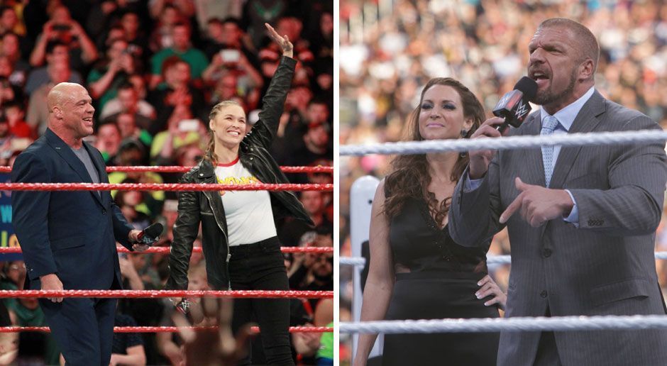 
                <strong>Kurt Angle & Ronda Rousey vs. Triple H & Stephanie McMahon</strong><br>
                Ein von den Fans frenetisch gefeiertes Match, bei dem vor allem McMahon und Rousey wrestlerisch mehr zeigten als man im Vorfeld hätte annehmen können. Unter den Augen von UFC-Präsident Dana White sicherte Rousey am Ende Dank ihres Arm-Bar-Submission-Moves gegen McMahon den Sieg.Sieger: Kurt Angle & Ronda RouseyIm Vorfeld von ran getippter Sieger: Kurt Angle & Ronda Rousey
              