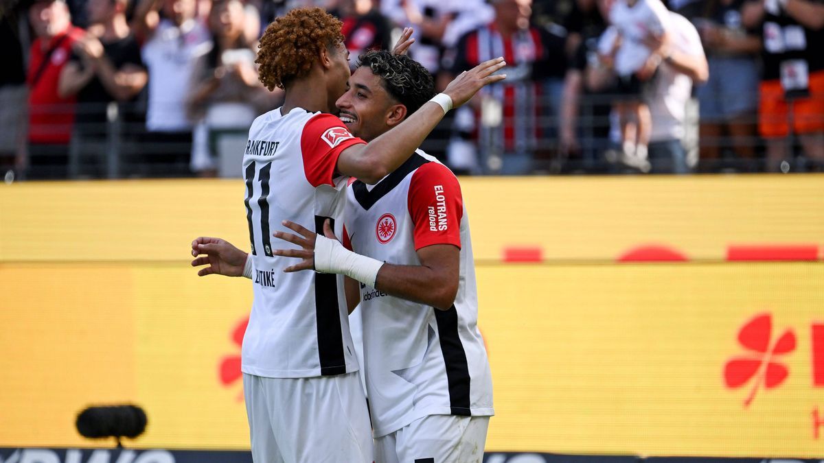 RECORD DATE NOT STATED 31.08.2024, xjhx, Fussball 1.Bundesliga, Eintracht Frankfurt - TSG Hoffenheim emspor, v.l. Hugo Ekitike (Eintracht Frankfurt), Omar Marmoush (Eintracht Frankfurt) celebrate t...