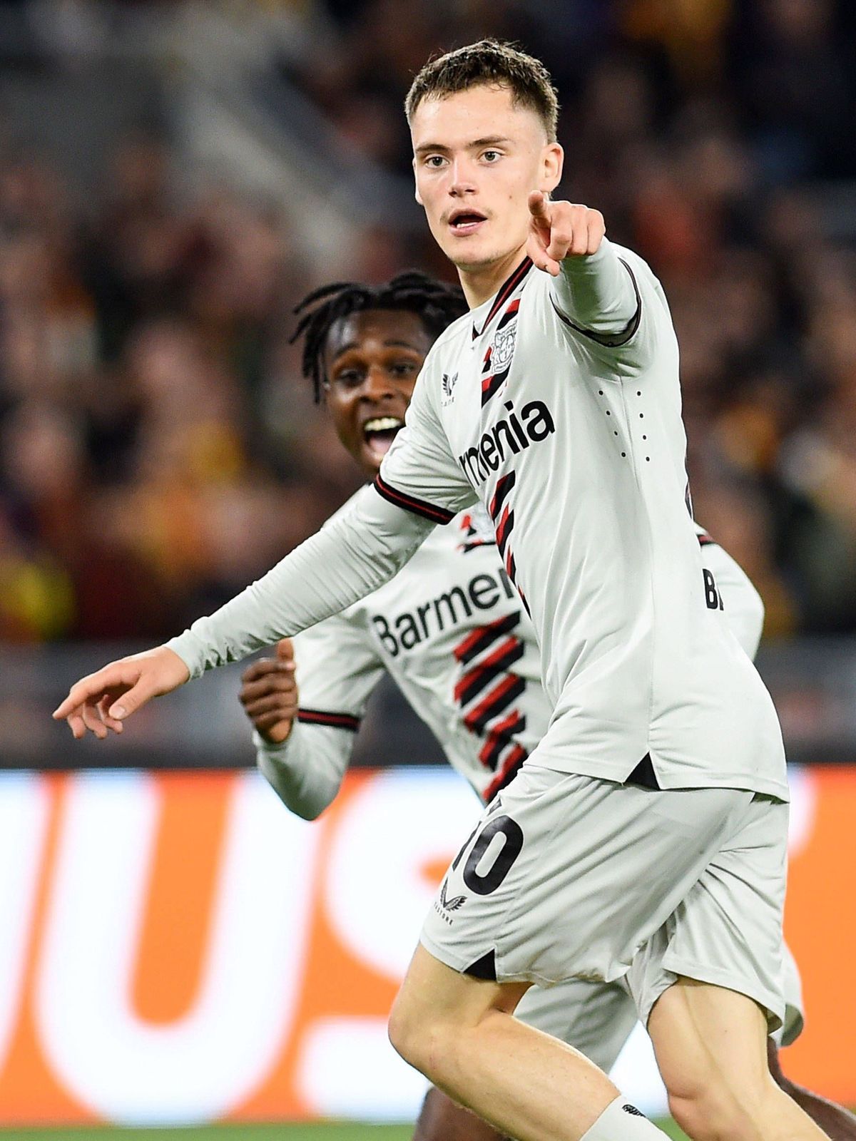May 2, 2024, Rome, Italy: Florian Wirtz of Bayer Leverkusen celebrates a goal during the Uefa Europa League semifinals first leg match between AS Roma and Bayer Leverkusen at Olympic stadium. Final...