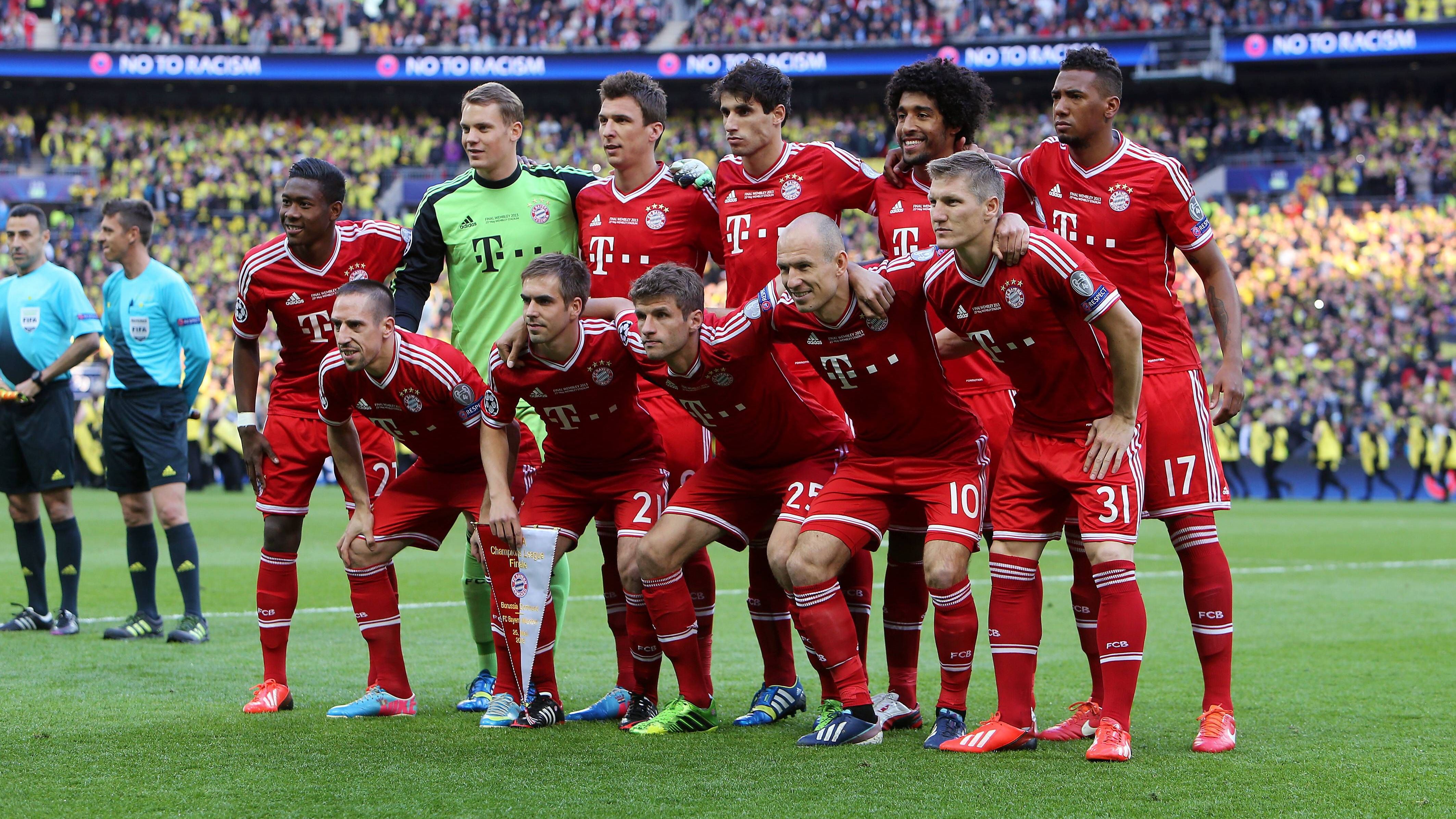 <strong>Die Aufstellung des FC Bayern</strong><br>So startete der FC Bayern in das Finale: Vordere Reihe v.l. Franck Ribery, Philipp Lahm, Thomas Müller, Arjen Robben, Bastian Schweinsteiger. Hintere Reihe v.l. David Alaba, Manuel Neuer, Mario Mandzukic, Javi Martinez, Dante, Jerome Boateng.