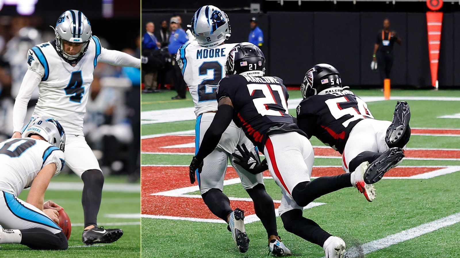 
                <strong>Verlierer: D.J. Moore und Eddy Pineiro</strong><br>
                Man hätte Wide Receiver D.J. Moore auch zu den Gewinnern packen können, aber sein Spiel verlief so tragisch, dass wir ihn zu den Verlierern packten. Seine Leistung gegen die Falcons war herausragend: 152 Yards und ein Touchdown nach einem Hail Mary-Pass von Walker. Doch nach diesem emotionalen Moment nimmt Moore seinen Helm beim Jubel ab. Das ist verboten. Die NFL-Referees werfen eine Flagge und der zugehörige Extrapunkt-Versuch findet 15 Yards weiter hinten satt. Kicker Eddy Pinheiro verzieht - vielleicht auch deswegen knapp und so geht es in die Overtime. Auch dort verpatzt er ein mögliches Field Goal zum Sieg und wird zum Verlierer des Spieltags, da sein Gegenüber, Falcons-Kicker Younghoe Koo, zum Sieg trifft. Moore schien an der Seitenlinie komplett bedient, auch wenn er mit Walker und ohne Matt Rhule als Coach besser im Spiel eingebunden scheint. Besonders bitter: Ex-NFL-Referee (1998-2007) und CBS Analyst Terry McAuley behauptet, die Flagge gegen Moore war irregulär, da dieser den Helm abnahm, als er außerhalb des Spielfeldes war. Dort dürfte er das. Den Falcons darf es egal sein.
              