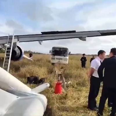 Rettungskräfte und Ermittler neben dem Airbus A320 der Ural Airlines nach der Notlandung in der Nähe des Dorfes Ubinskoje in der Region Nowosibirsk, Russland.