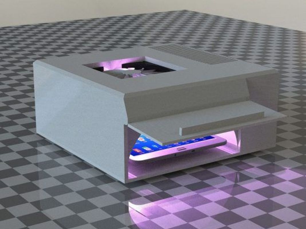 Nein, das ist kein Drucker, sondern ein Prototyp des Fraunhofer Instituts. Mit UV-Licht tötet es (fast) alle Keime, Bakterien und Viren ab.