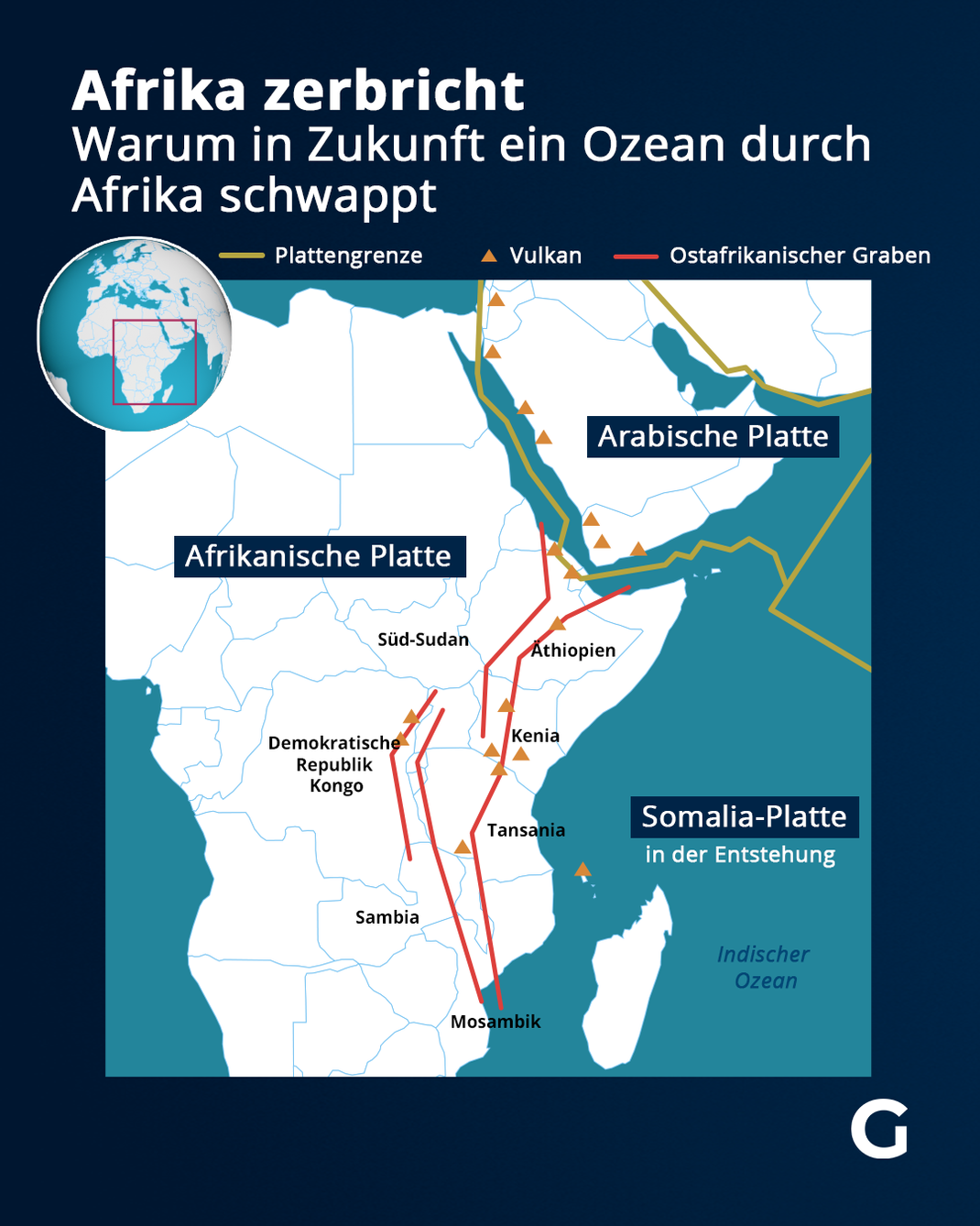 In Afrika könnte sich in Zukunft eine neue Platte bilden. Der Ostafrikanische Graben (rote Linien) zieht sich durch den Osten des Kontinents.&nbsp;