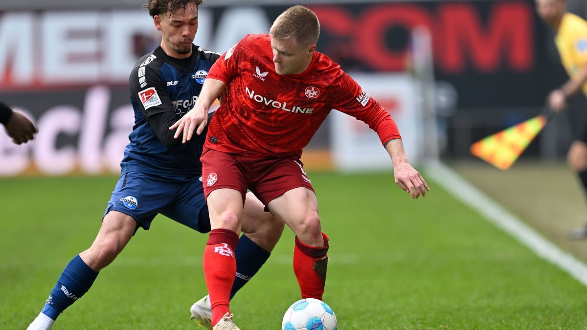 Paderborn, Home Deluxe Arena, 15.03.25, GER, Herren, 2.Bundesliga, Saison 2024-2025, SC Paderborn 07 - 1.FC Kaiserslautern Bild: v.li. im Zweikampf Aaron ZEHNTER (Paderborn) und Jean ZIMMER (Kaiser...