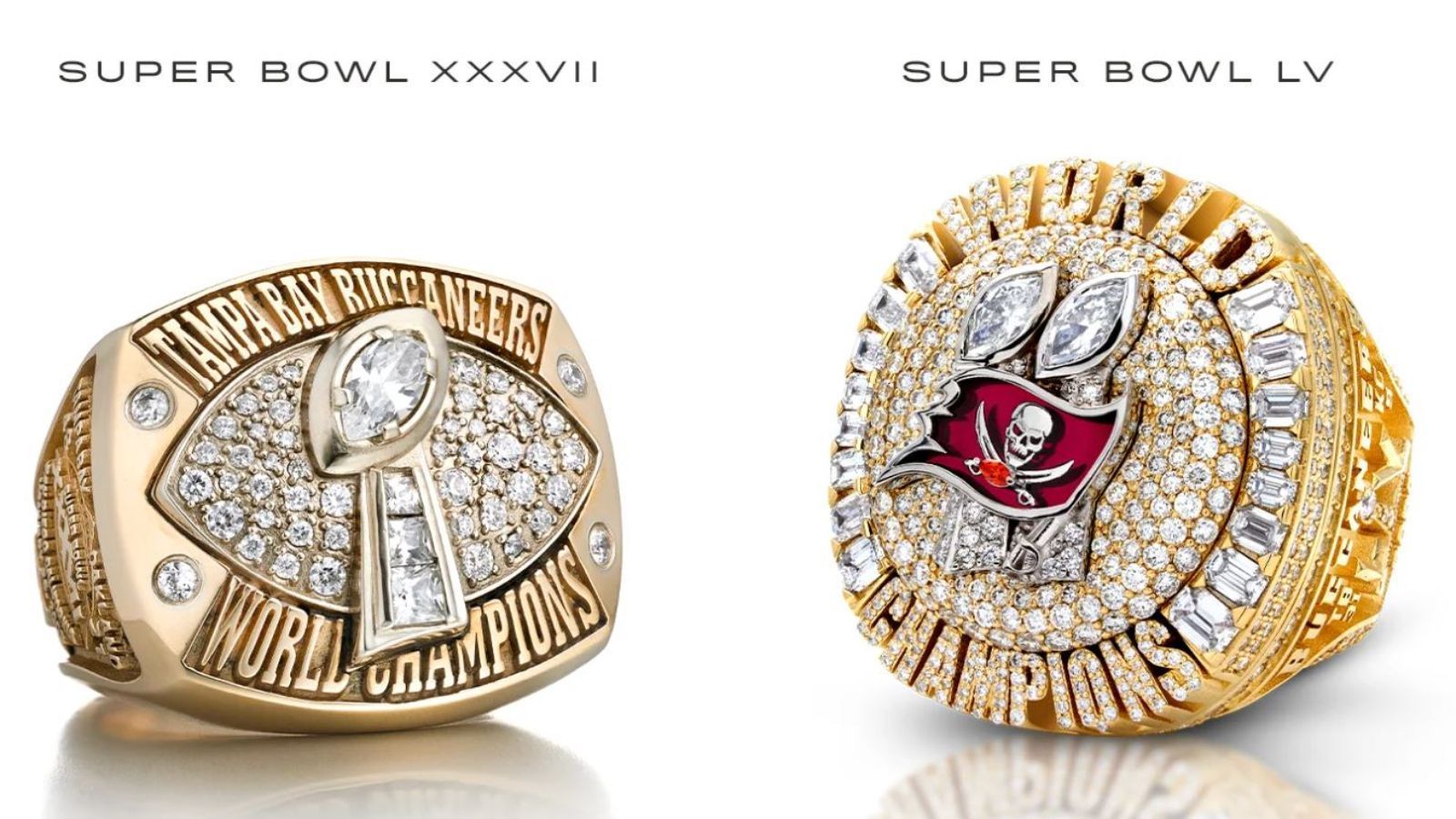
                <strong>Vergleich zum ersten Ring-Design</strong><br>
                Der visuelle Vergleich zwischen den beiden Super-Bowl-Ringen, die die Buccaneers in ihrer Franchise-Historie erringen konnten. Natürlich ist der Ring von 2020 deutlich aufwändiger als der von 2002, damals siegten die Bucs übrigens gegen die Oakland Raiders.
              