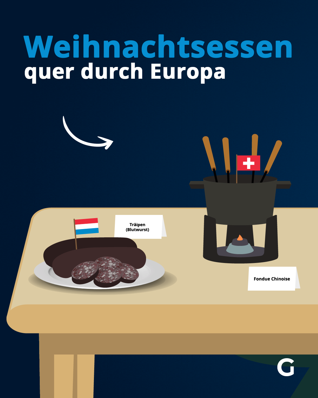 In Luxemburg wird traditionelle Blutwurst, genannt "Träipen" ausgetischt. In der Schweiz gibt es "Schüfeli", Truthahn oder chinesisches Fondue.&nbsp;