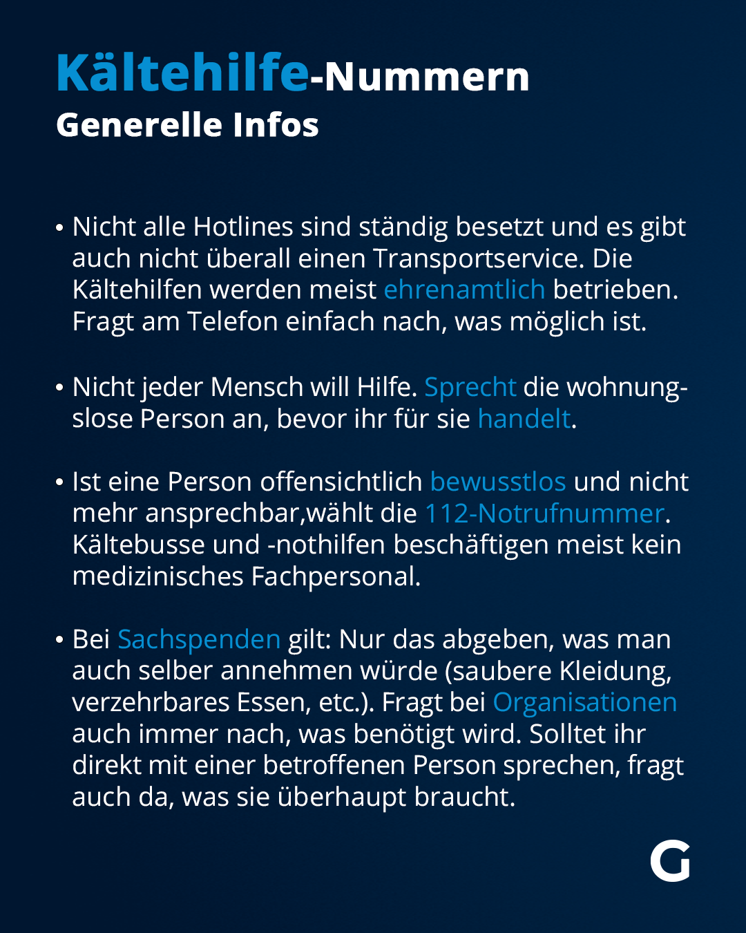 Kältehilfe-Nummern für wohnungslose Menschen