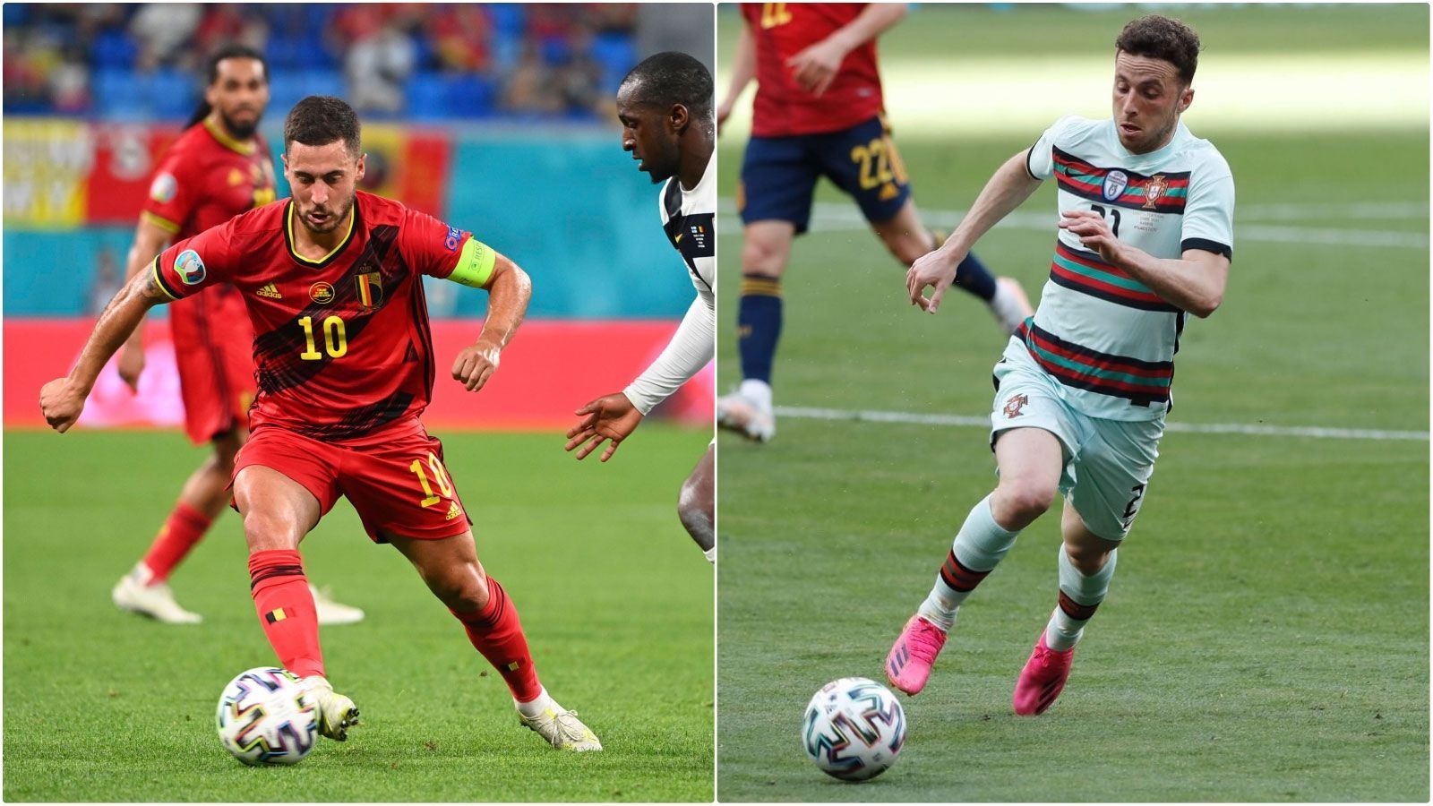 
                <strong>Linker Angreifer: Eden Hazard vs. Diogo Jota</strong><br>
                Ist Eden Hazard fit und plagt sich nicht mit Verletzungen herum, gehört er zu den besten Flügelspielern, die der Fußball aktuell zu bieten hat. Seine Qualitäten im Eins-gegen-Eins sind unbestritten, im Abschluss präsentierte er sich bei seinem bislang einzigen Startelfeinsatz gegen Finnland aber zu verschwenderisch. Auf der anderen Seite steht mit dem Liverpooler Diogo Jota ebenfalls ein dribbelstarker und schneller Flügelspieler, der sich darüber hinaus effizienter als der Real-Angreifer zeigte und somit auch den Punkt für die Elf von Trainer Fernando Santos holt: 6:4 für Belgien.
              