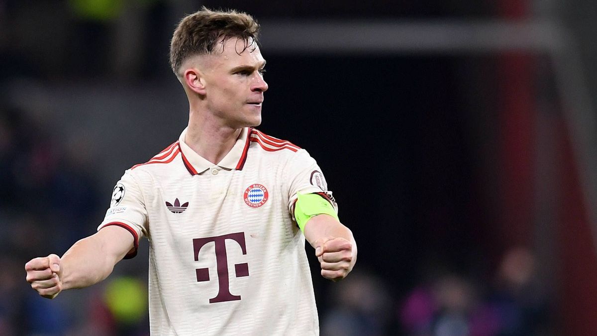 Joshua Kimmich (FC Bayern Muenchen) celebrate, celebrates, celebrating during the UEFA Champions League 2024 25 Round of 16 Second Leg match between Bayer 04 Leverkusen and FC Bayern München at Bay...